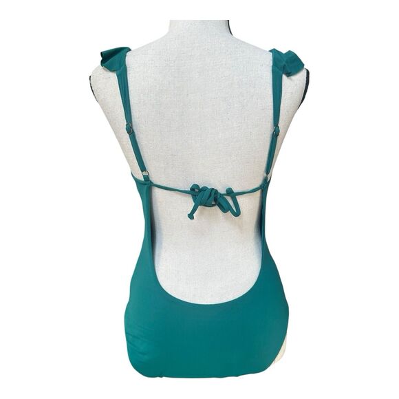 Becca Teal One Piece Swimsuit M Deep V Ruffle Front & Open Back Adjustable Tie - Picture 4 of 7